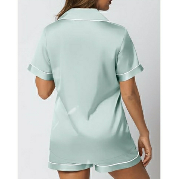 Silk Satin Fall Soft Pajama Set Matching Lounge Button Up Green - Picture 6 of 7